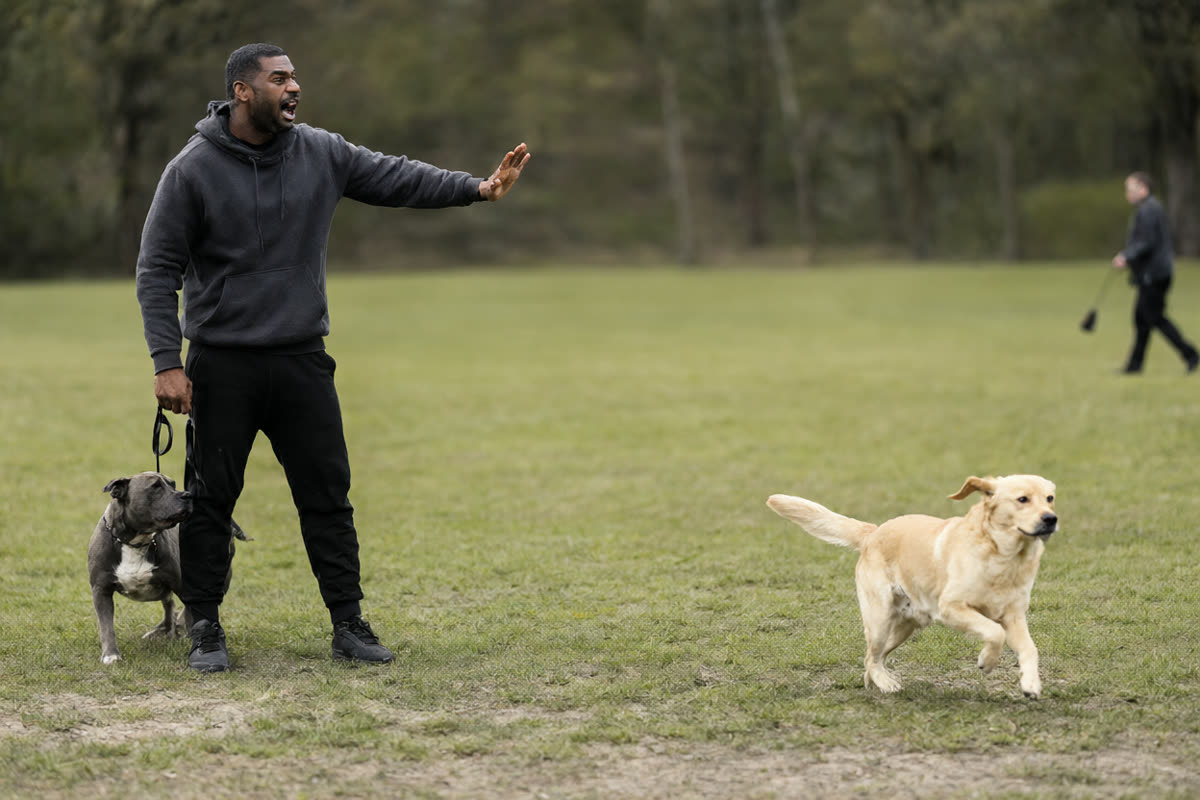 A man with his hand up shouting at a loose dog running toward him and his dog